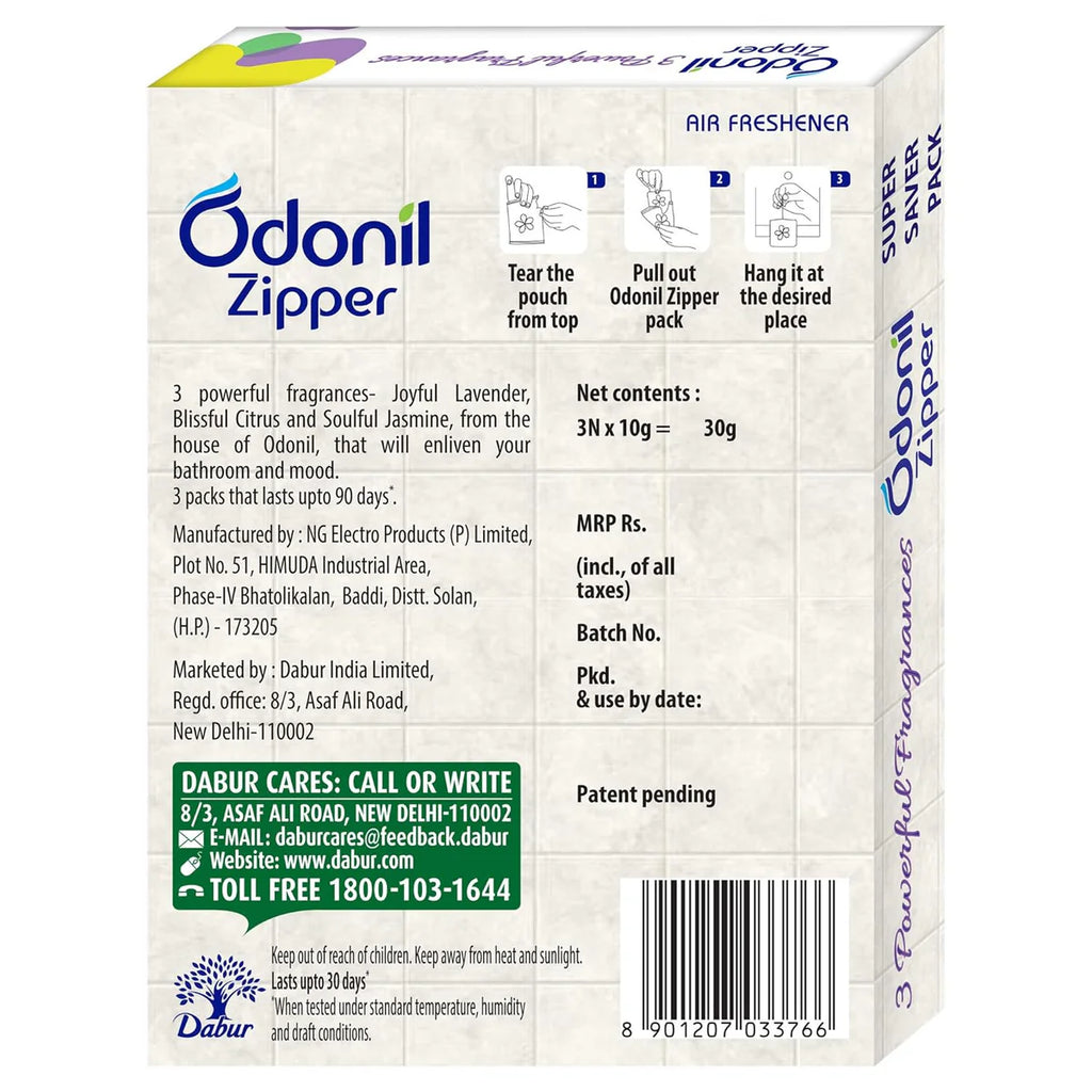Odonil Zipper Air Freshener Joyful Lavender,Soulful Jasmine & Blissful Citrus 30 g (3 X 10g)
