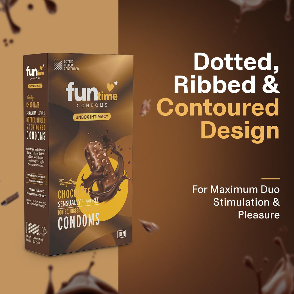 Leeford Funtime Chocolate Flavored Lubricated Dotted, Ribbed And Contoured Condom 10 Piece