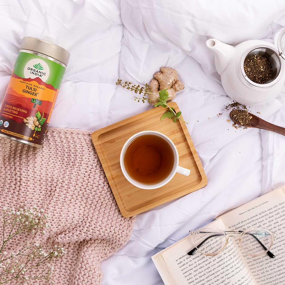 Organic India Tulsi Ginger Green Tea Teabgas & Tin