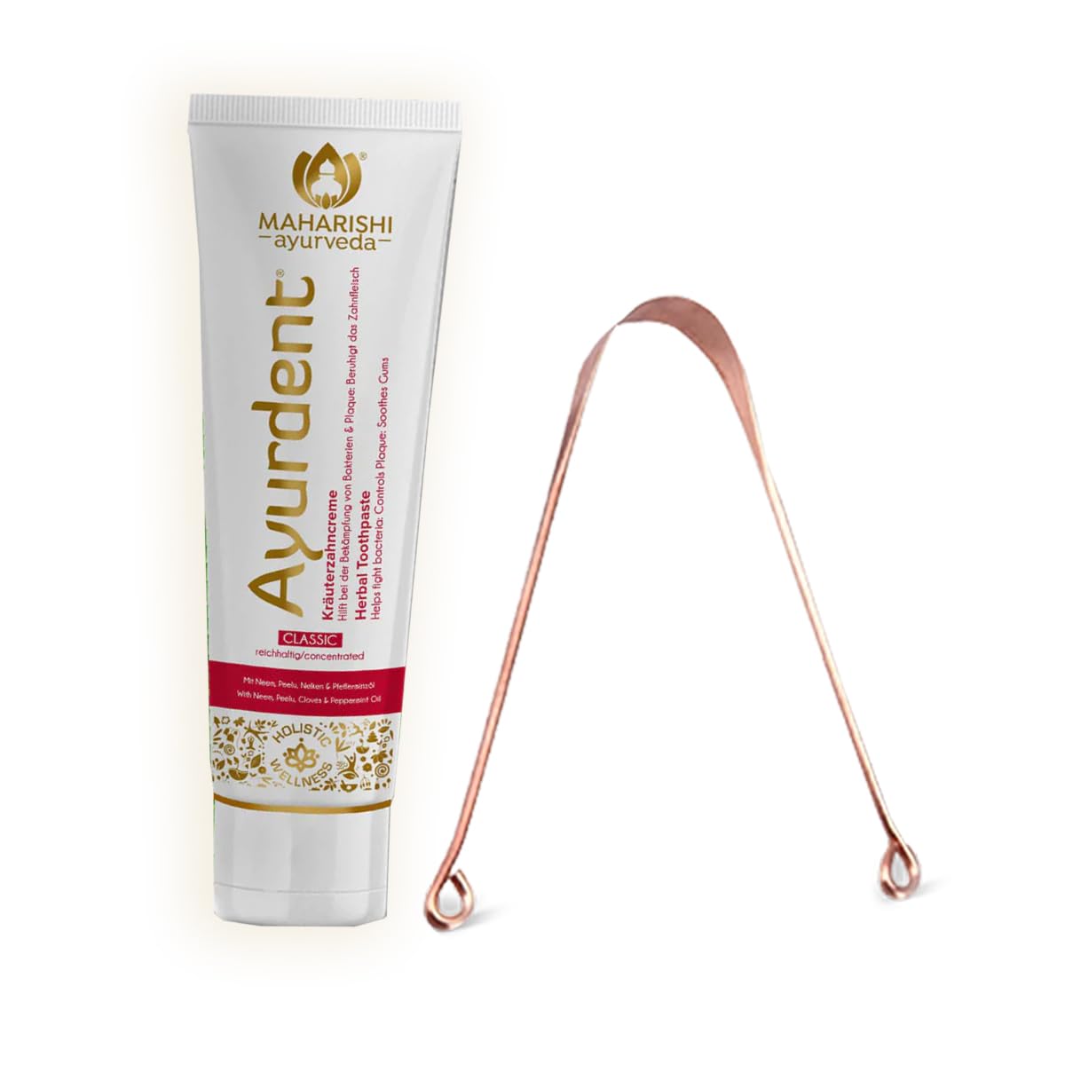 Maharishi Ayurveda Ayurdent Classic Toothpaste with 1 Pack Free Copper Tongue Cleaner Saliva Balancing Formula 75ml