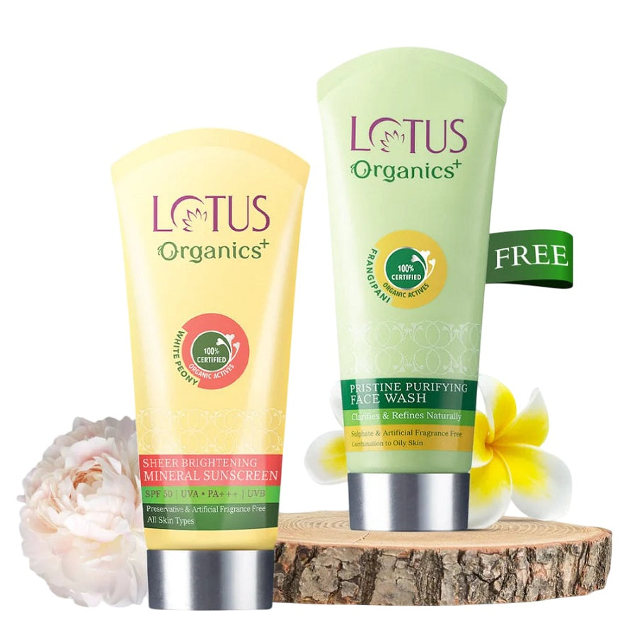 Lotus Organics+ Cosmetics Sheer Brightening Mineral Sunscreen SPF 50 and free Facewash