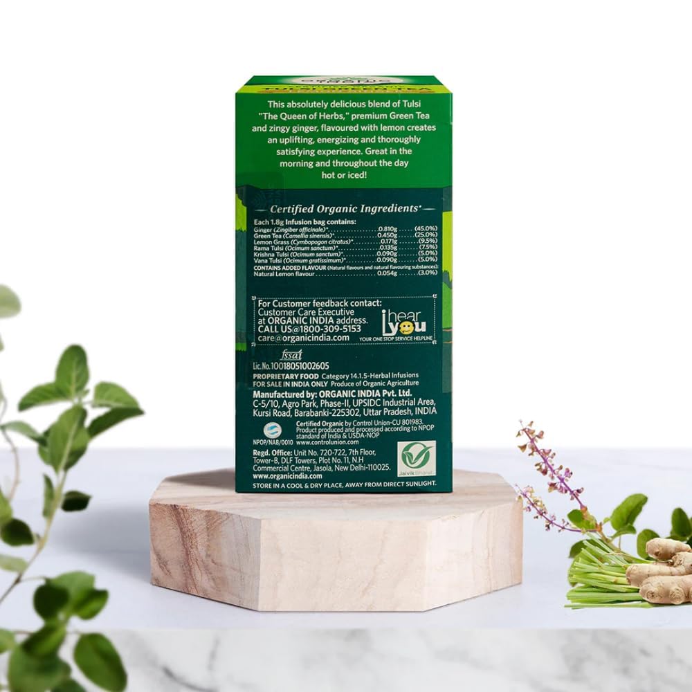 Organic India Tulsi Green Tea Lemon Ginger Infusion Teabag