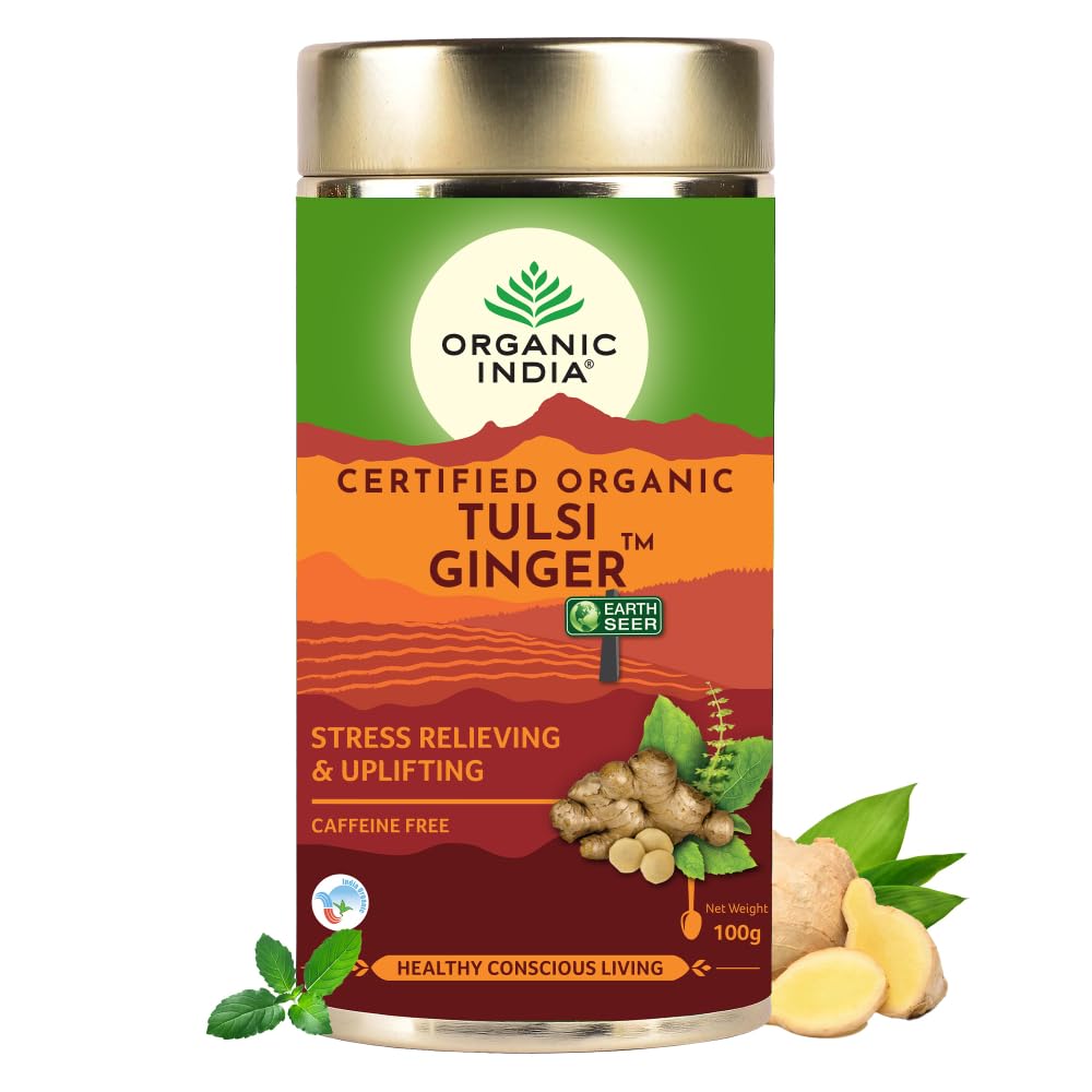 Organic India Tulsi Ginger Green Tea Teabgas & Tin