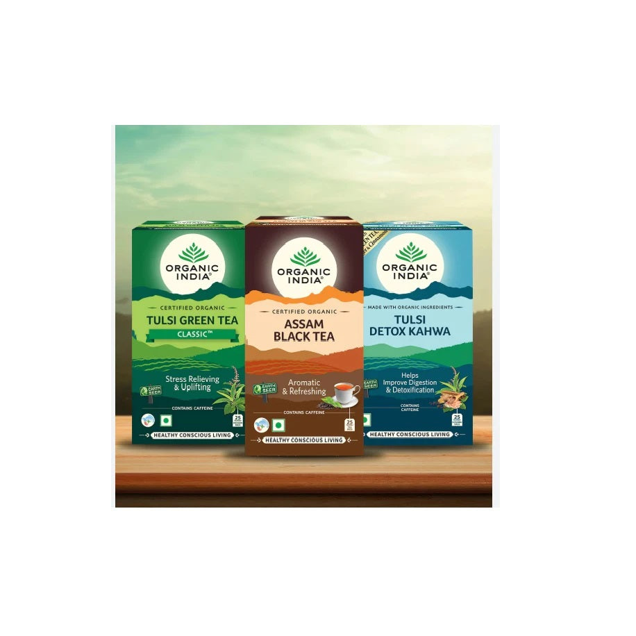 Organic India Combo Green Tea Classic,Detox Kahwa,Assam Black Bag
