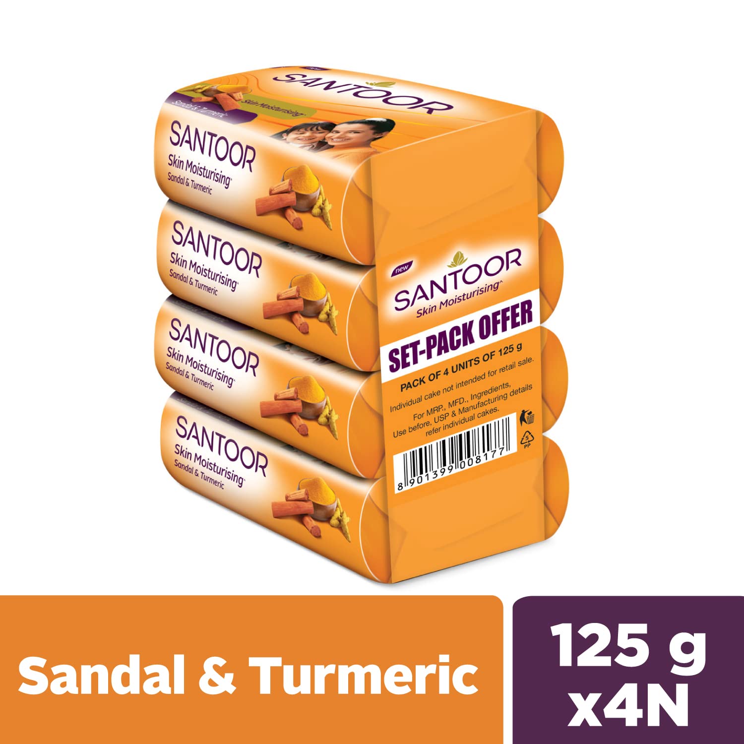 Santoor Soap with Sandal And Turmeric  Pack of 4 soaps (125g each)