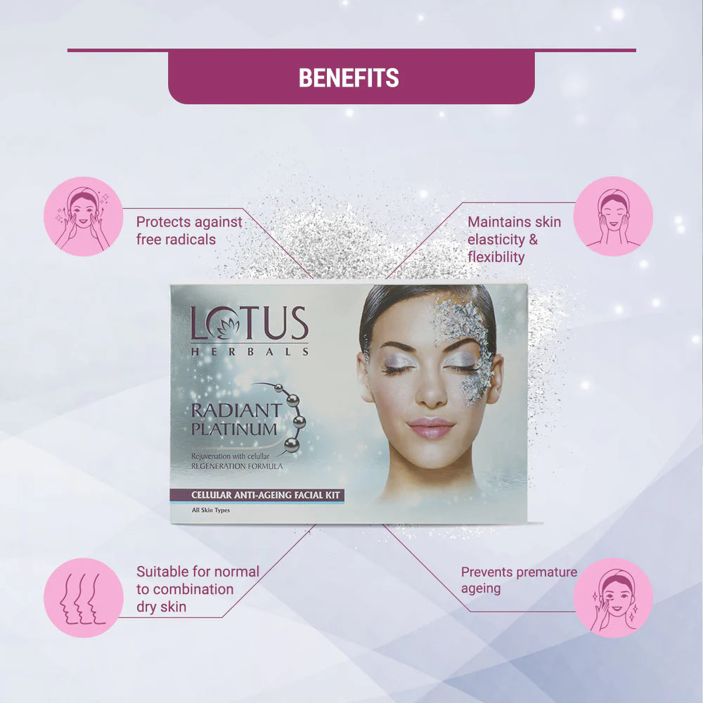 Lotus Herbals Cosmetics Radiant Platinum Cellular Anti Ageing Salon Grade 4 Facial Kit