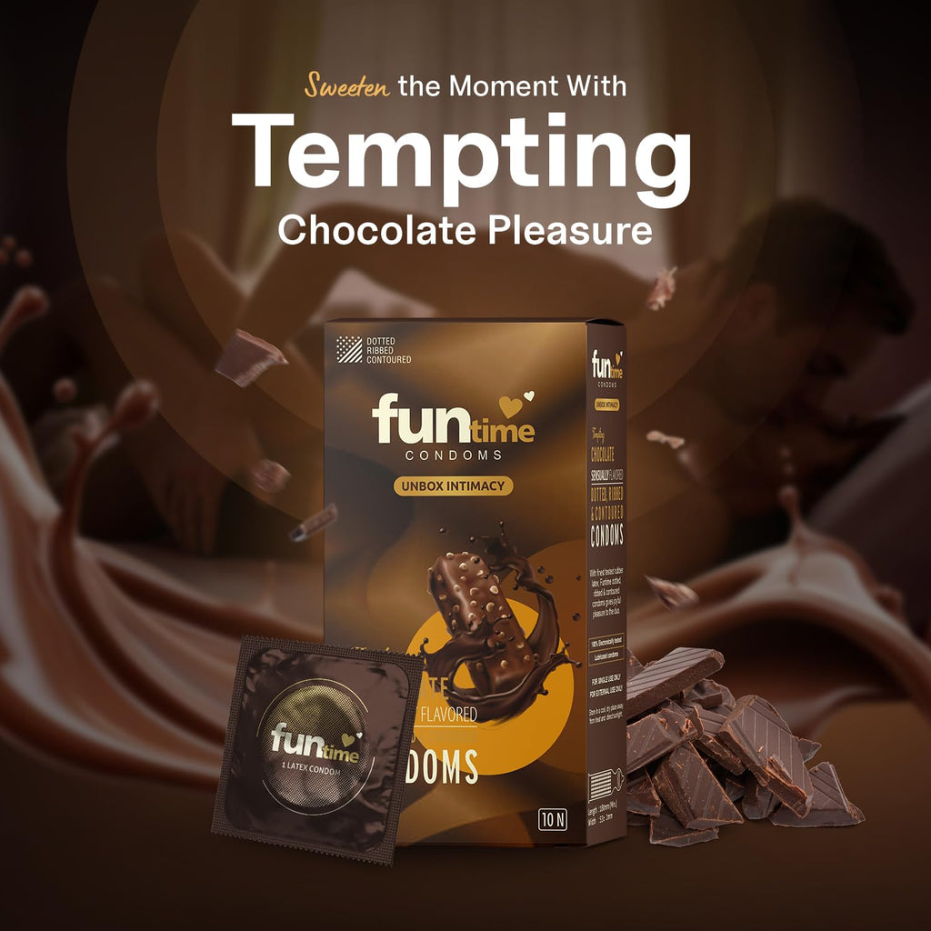 Leeford Funtime Chocolate Flavored Lubricated Dotted, Ribbed And Contoured Condom 10 Piece