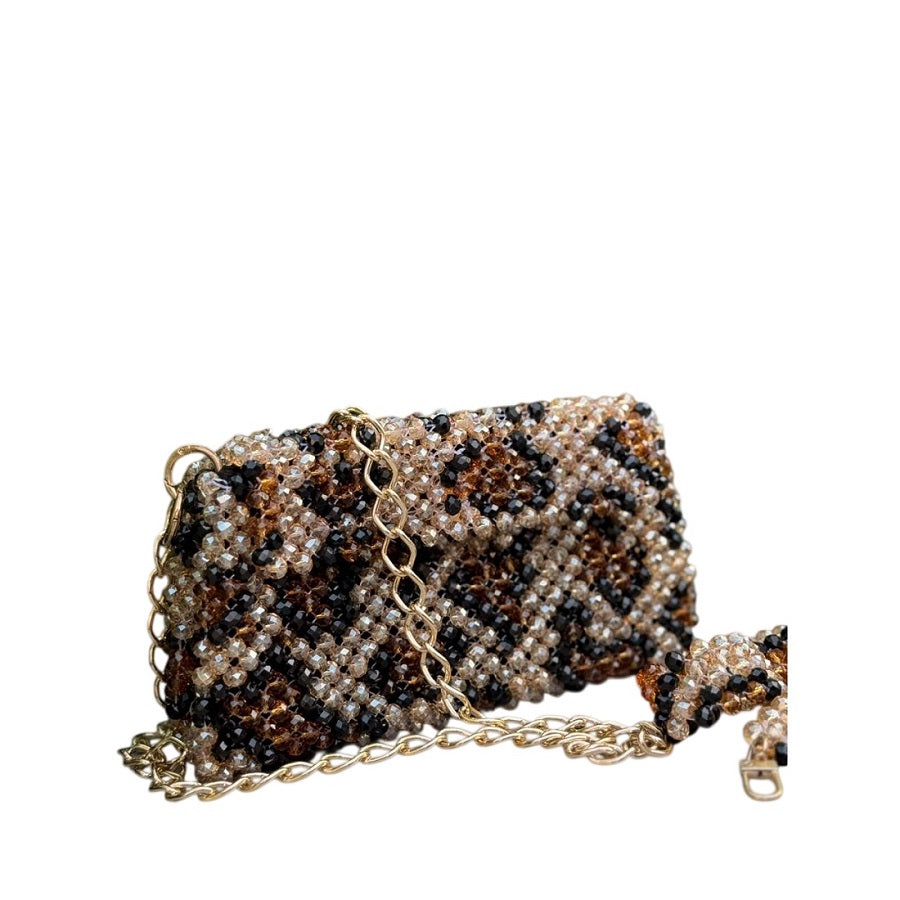 Women  Luxurious Leopard Beaded Bag ( Golden, Black and Brownish Crystal Used) * Golden Metal Chain * 1 meter * Also Available a Leonard Design Shoulder Belt